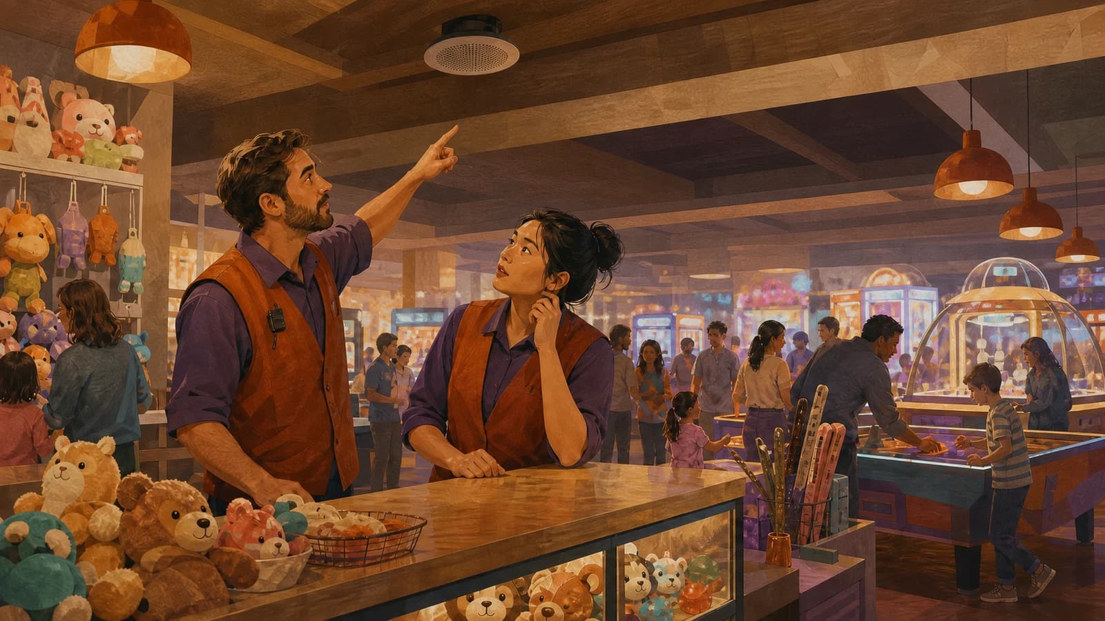 An arcade manager points towards a ceiling speaker while a floor attendant listens beside the prize counter and visitors use machines behind them
