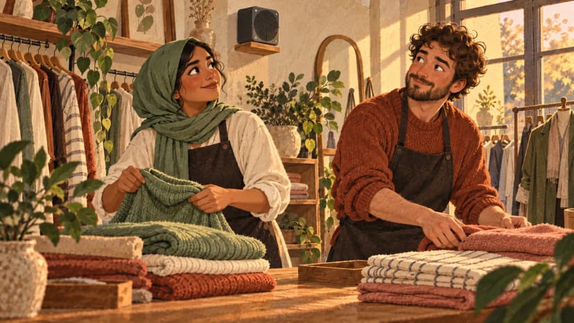 Illustration: a fashion-shop manager and colleague listen near a wall speaker while laying out folded garments before opening.