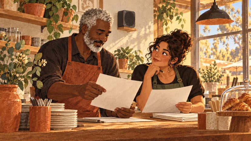 Illustration: an Australian cafe proprietor and shift leader compare blank supplier papers beside a speaker and a sunlit counter.