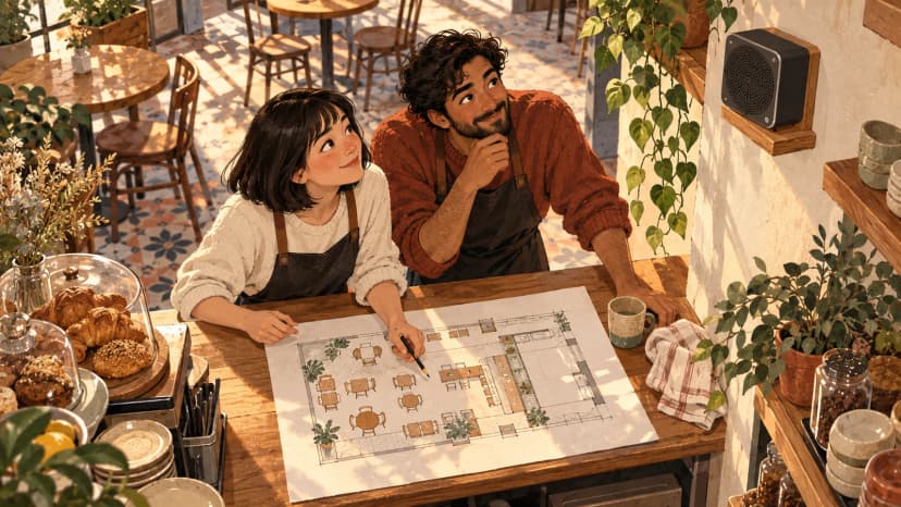 Illustration: a German cafe owner and colleague listen to a modest wall speaker beside a clear paper venue plan.