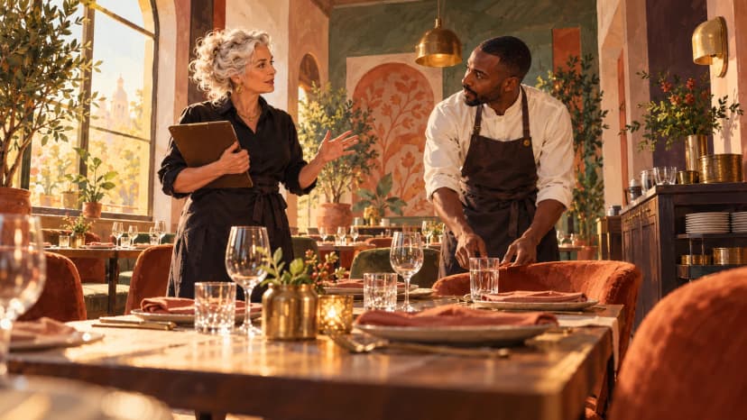 Illustration: an Indian restaurant manager and server discuss the sound at a dining table before guests arrive.