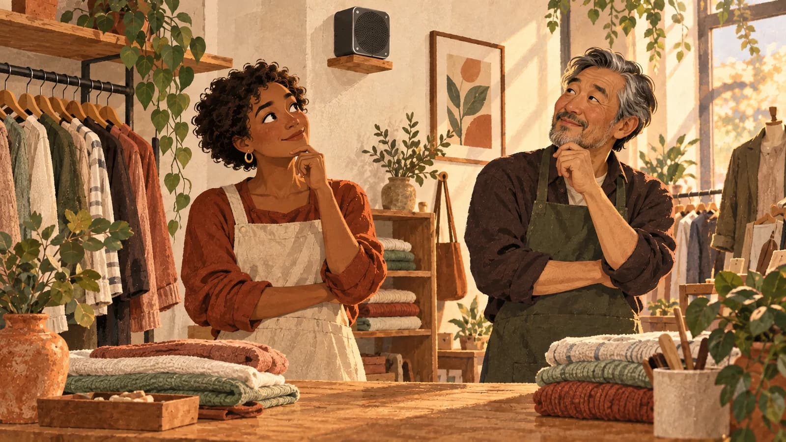 Illustration: a Dutch clothing-shop owner and colleague consider the room sound beside a wooden counter and wall speaker.