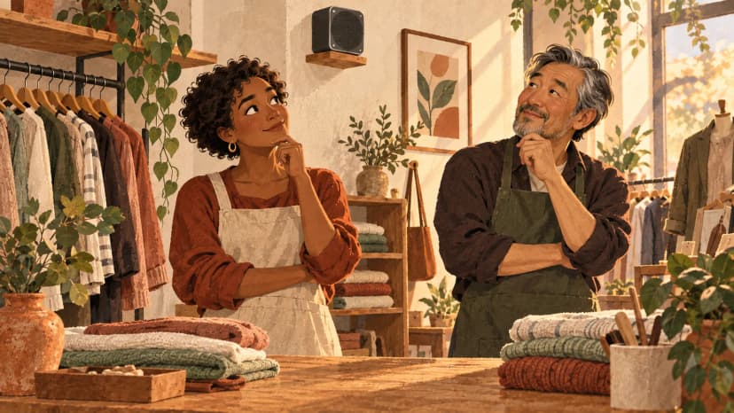 Illustration: a Dutch clothing-shop owner and colleague consider the room sound beside a wooden counter and wall speaker.