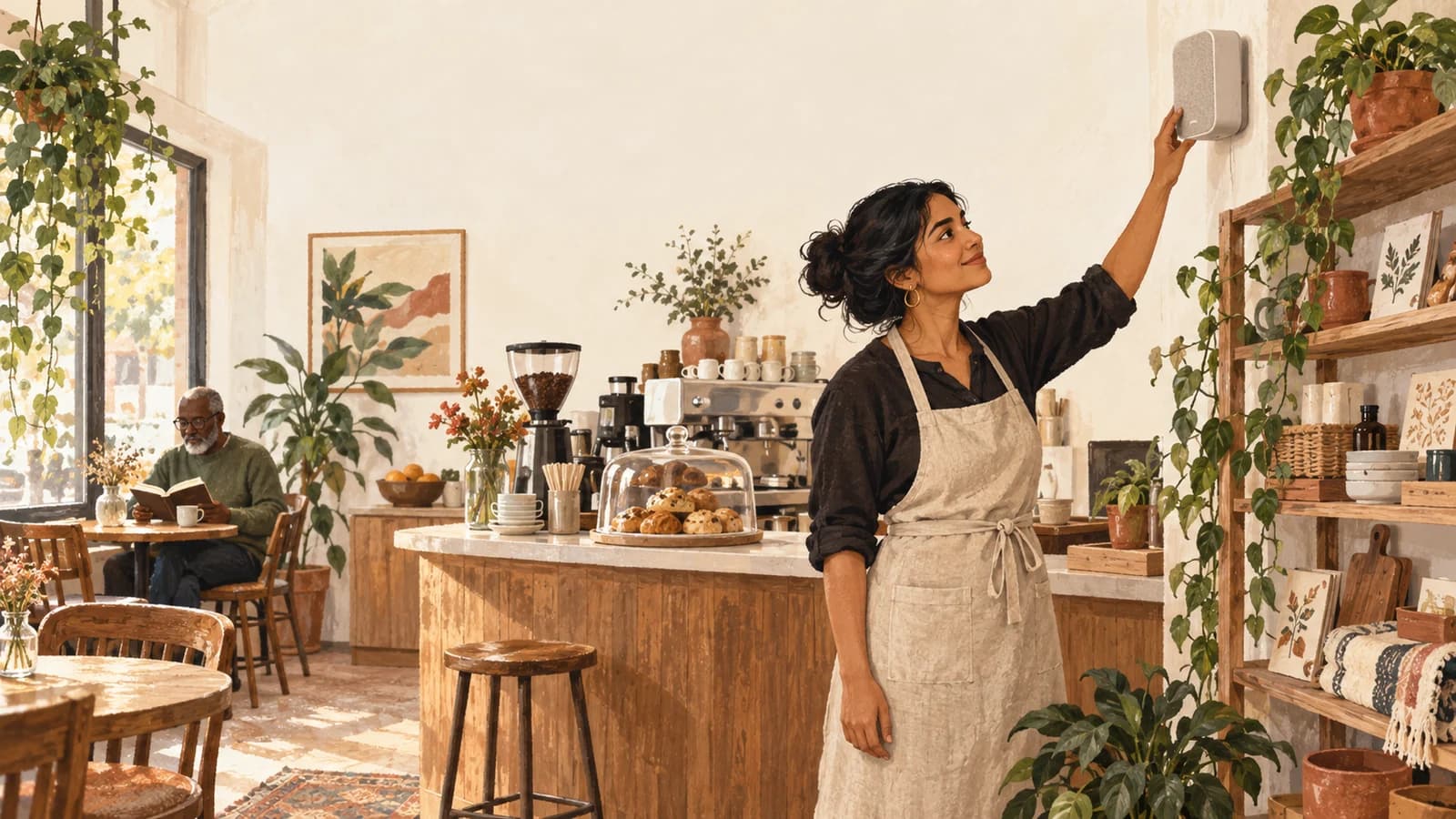 Illustrated café owner adjusting a wall speaker beside a gift shelf while a customer reads.