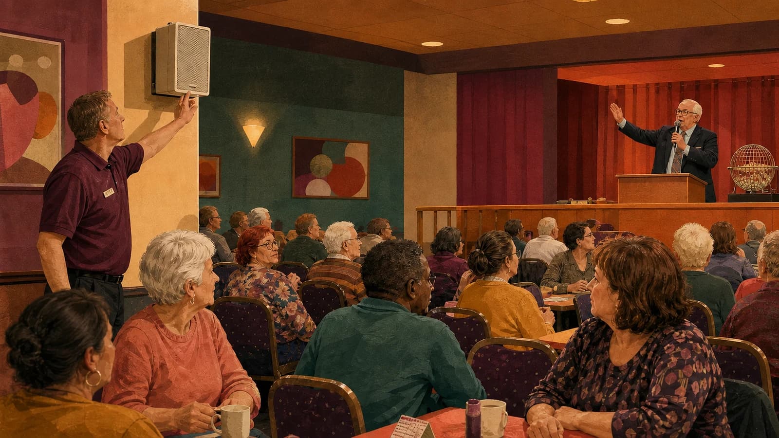 A bingo hall duty manager reaches towards a wall speaker while a caller holds a microphone and players turn towards the stage