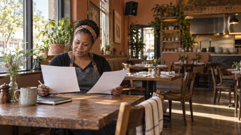 Generated photographic scene of a fictional restaurant owner comparing music-cost paperwork before opening
