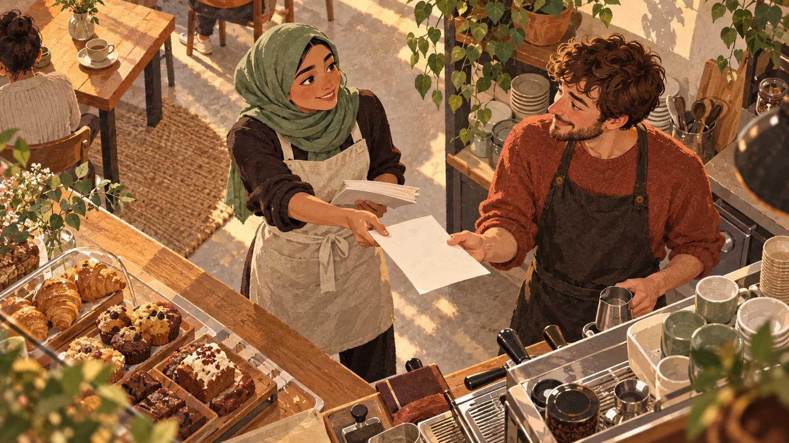 Illustration: a cafe shift leader hands a blank daily running order to a barista at the change from breakfast to lunch.