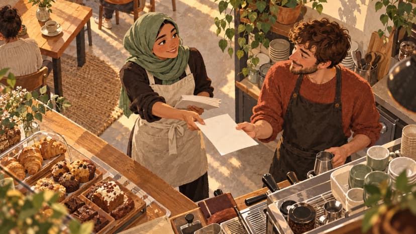 Illustration: a cafe shift leader hands a blank daily running order to a barista at the change from breakfast to lunch.