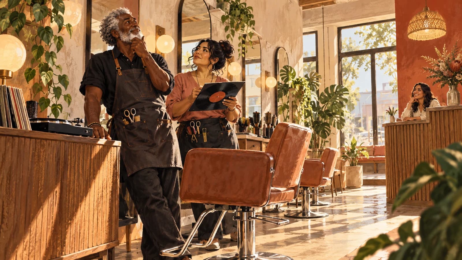 Illustration: an Australian salon owner and stylist consider music while a customer sits at the reception desk.