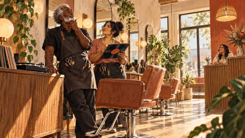 Illustration: an Australian salon owner and stylist consider music while a customer sits at the reception desk.