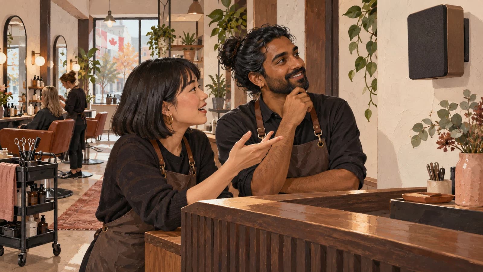 Illustration: a Canadian salon manager and colleague discuss music beside a reception counter and plain wall speaker.
