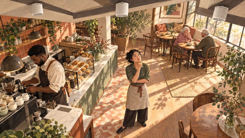 Illustration of a cafe owner checking ceiling speakers above a counter and distant seated customers.