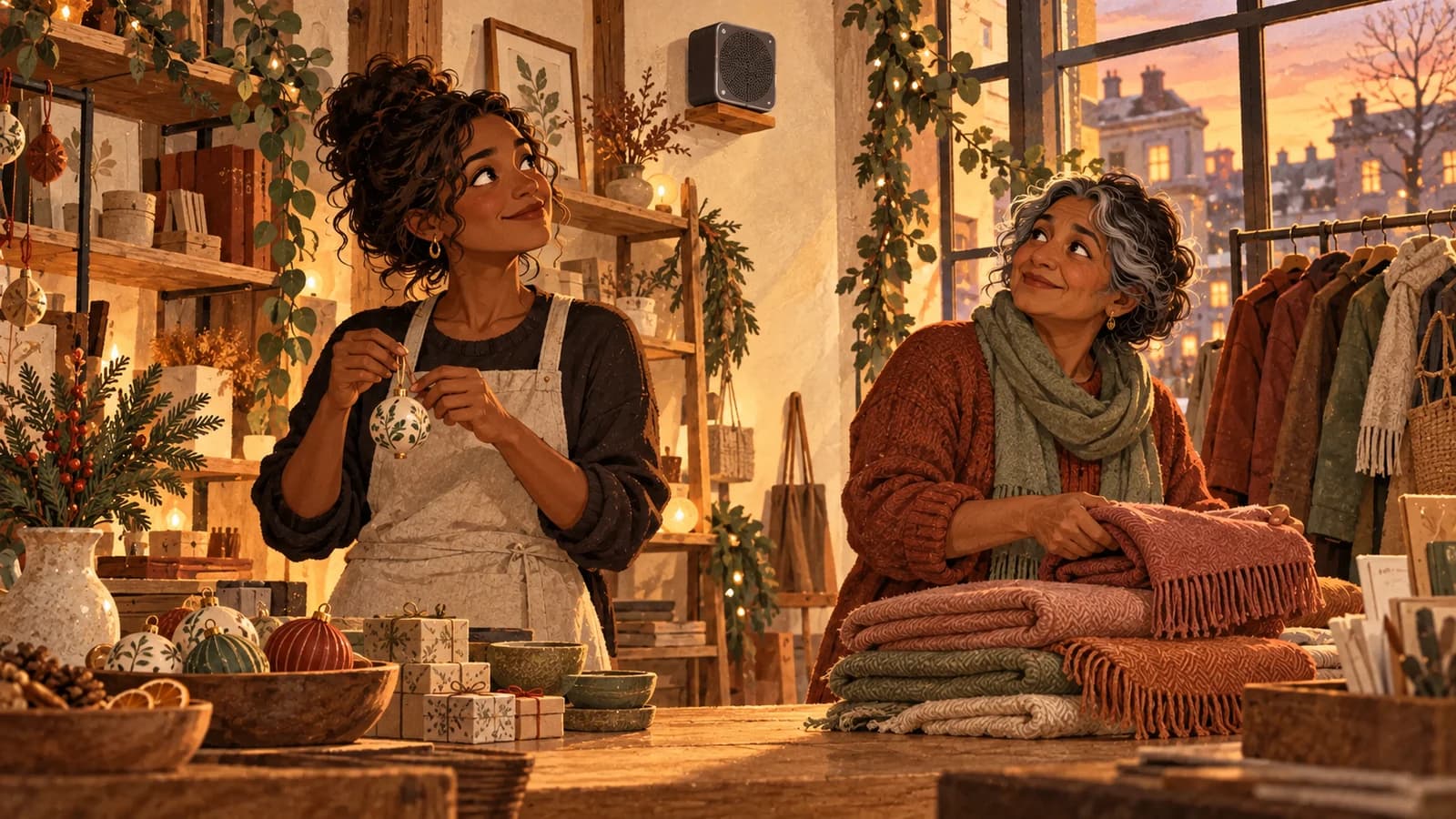 Illustration of two gift-shop colleagues considering seasonal music beside winter scarves and a restrained festive display.