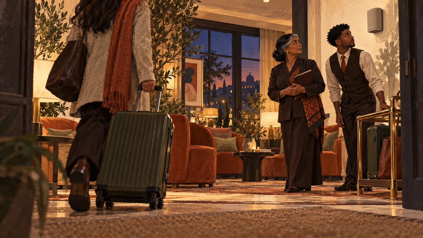 Illustration of hotel lounge staff noticing a song transition while a guest arrives with a suitcase.
