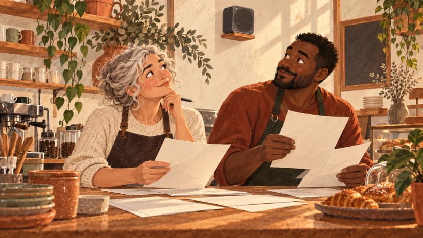 Illustration: a cafe owner and colleague compare blank supplier offer sheets while looking toward a wall speaker.