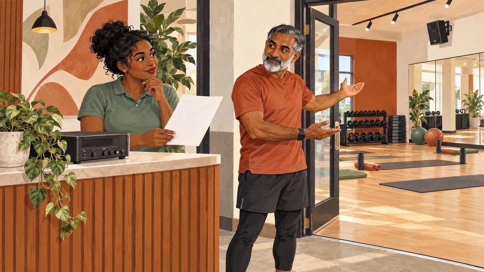 Illustration: two gym staff discuss a blank music source list at reception with a class studio visible through an open door.