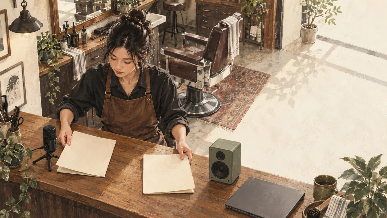 Illustrated barber shop owner sorting blank music-buying papers beside a microphone and speaker.
