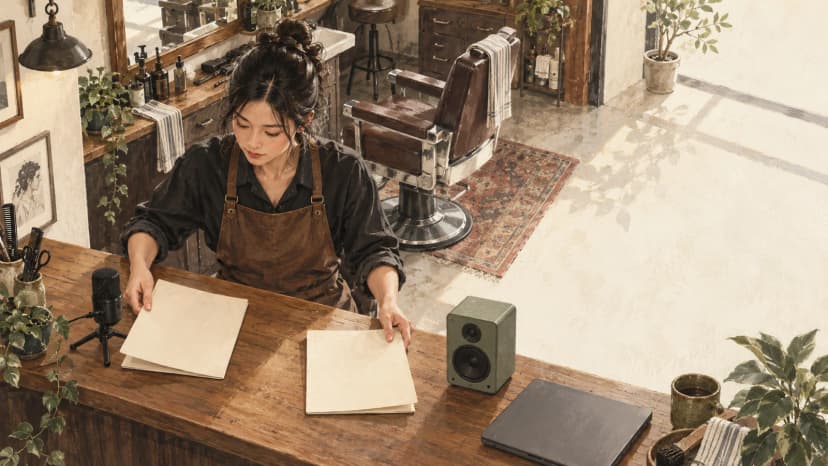 Illustrated barber shop owner sorting blank music-buying papers beside a microphone and speaker.