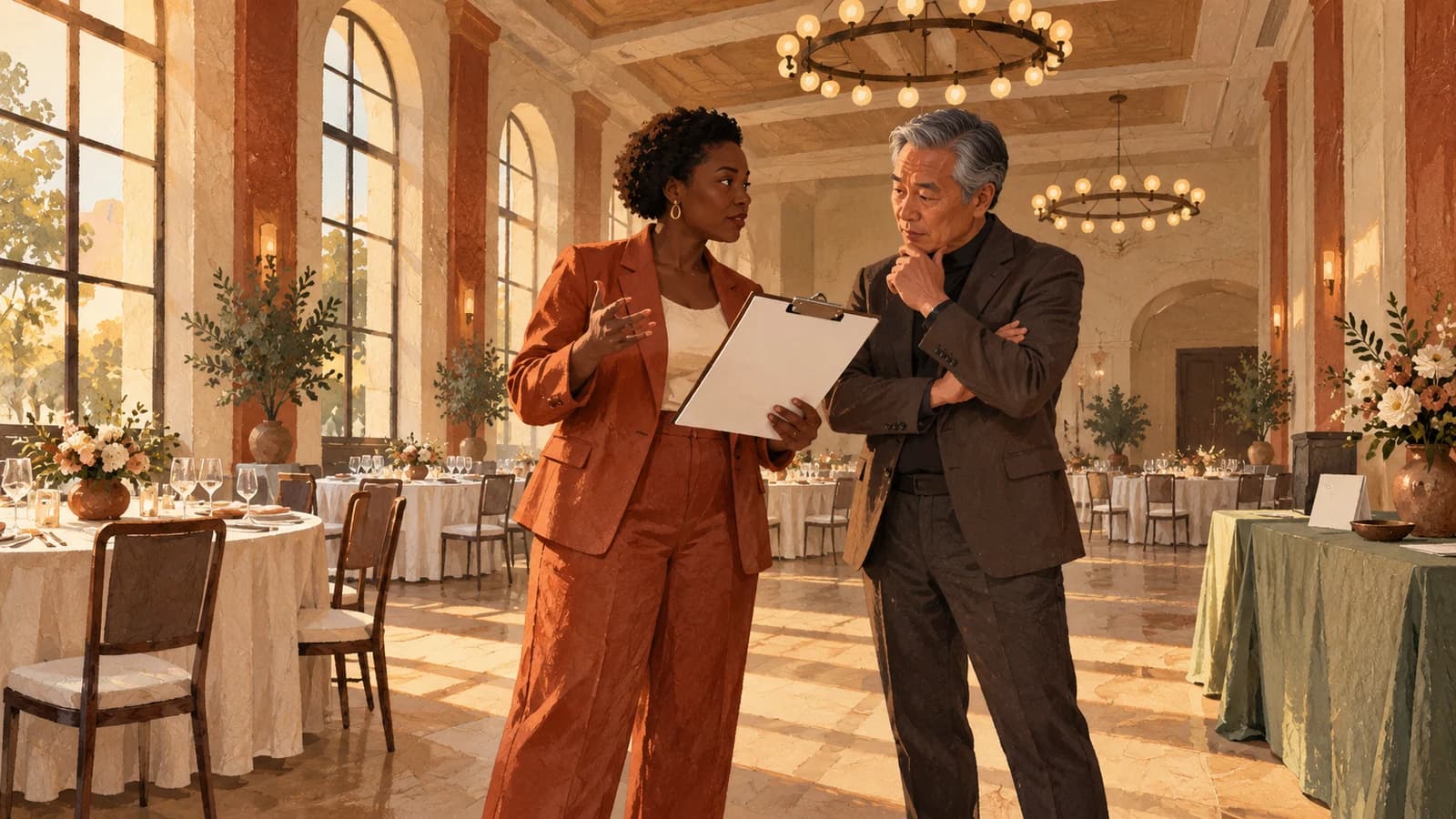 Illustration: an event organiser and venue manager discuss a blank running order in an empty warmly lit banquet hall.