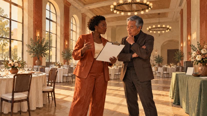 Illustration: an event organiser and venue manager discuss a blank running order in an empty warmly lit banquet hall.