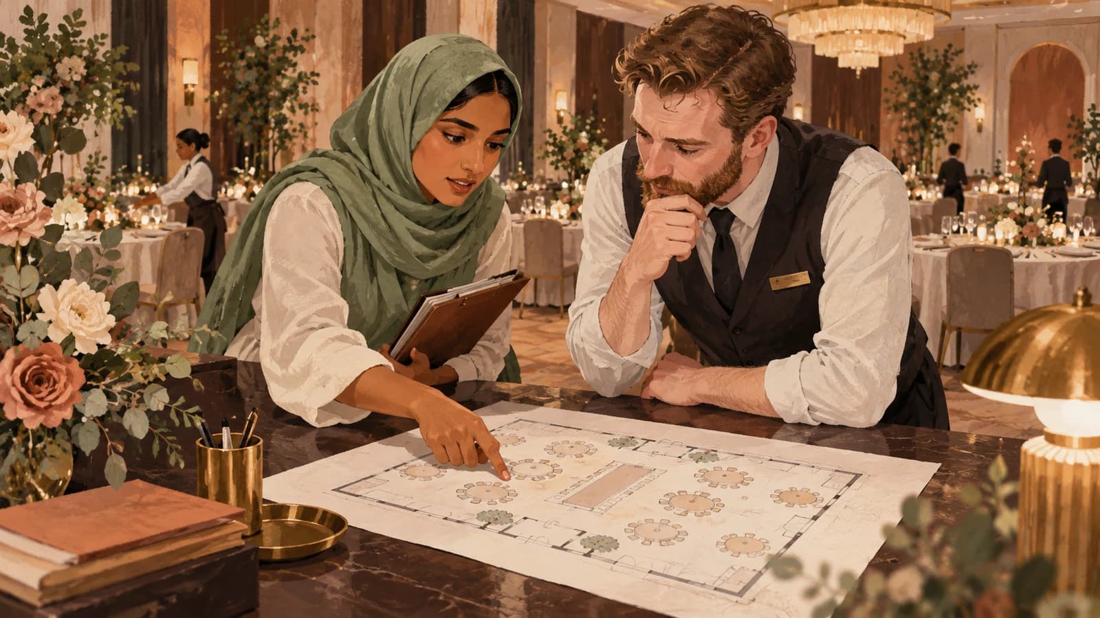 Illustration: an event organiser checks a room plan with the venue manager beside a reception table in a banquet hall.