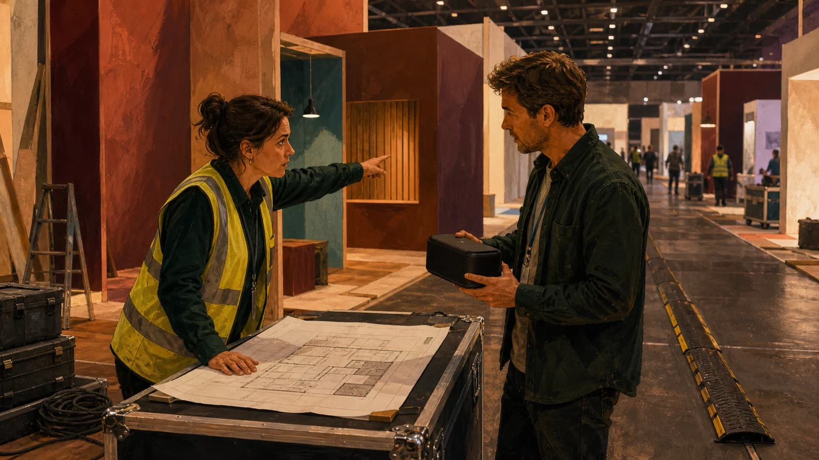 An exhibition organiser points to a floor plan while an exhibitor holds a small speaker beside a half-built stand