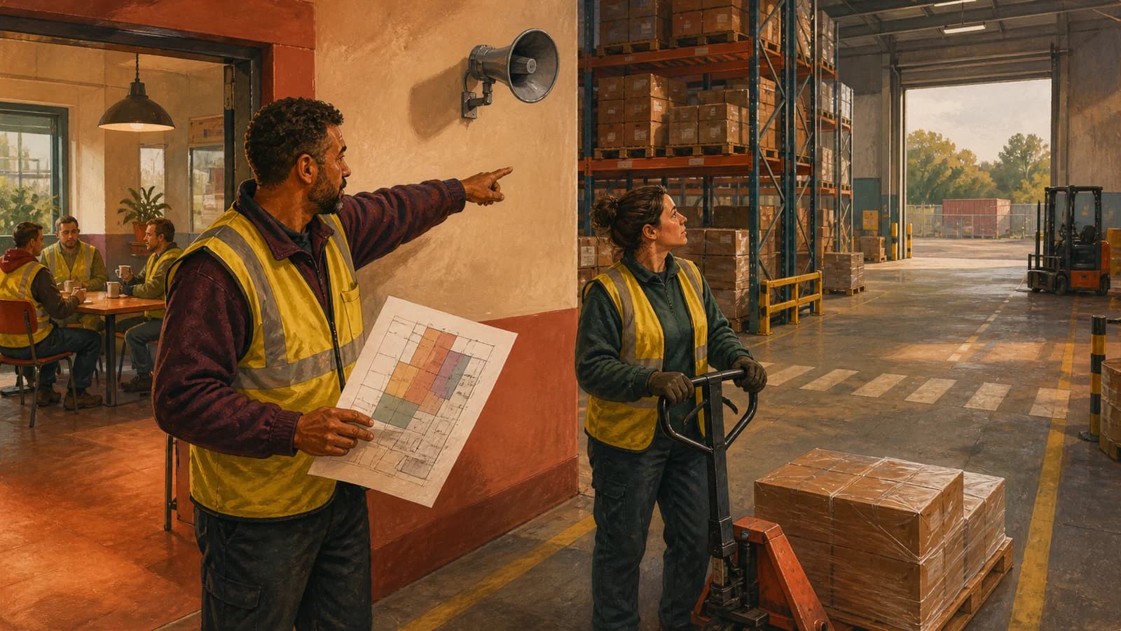 A warehouse shift supervisor points to an audible-area map while a colleague pauses beside a canteen speaker and a forklift lane remains clear