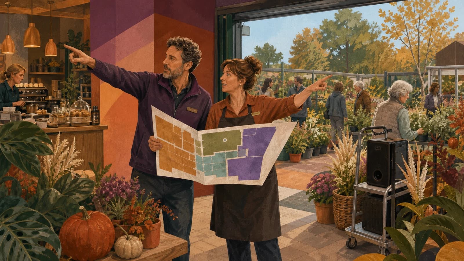 A garden-centre manager and café lead hold a floor plan and point towards the café and outdoor plant area from the doorway