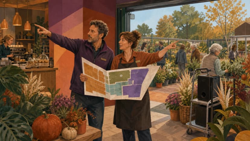 A garden-centre manager and café lead hold a floor plan and point towards the café and outdoor plant area from the doorway