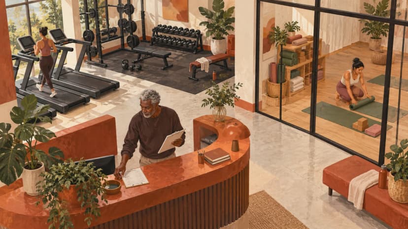 Illustration: a gym receptionist checks the reception area while an instructor prepares a separate studio beyond a glass partition.