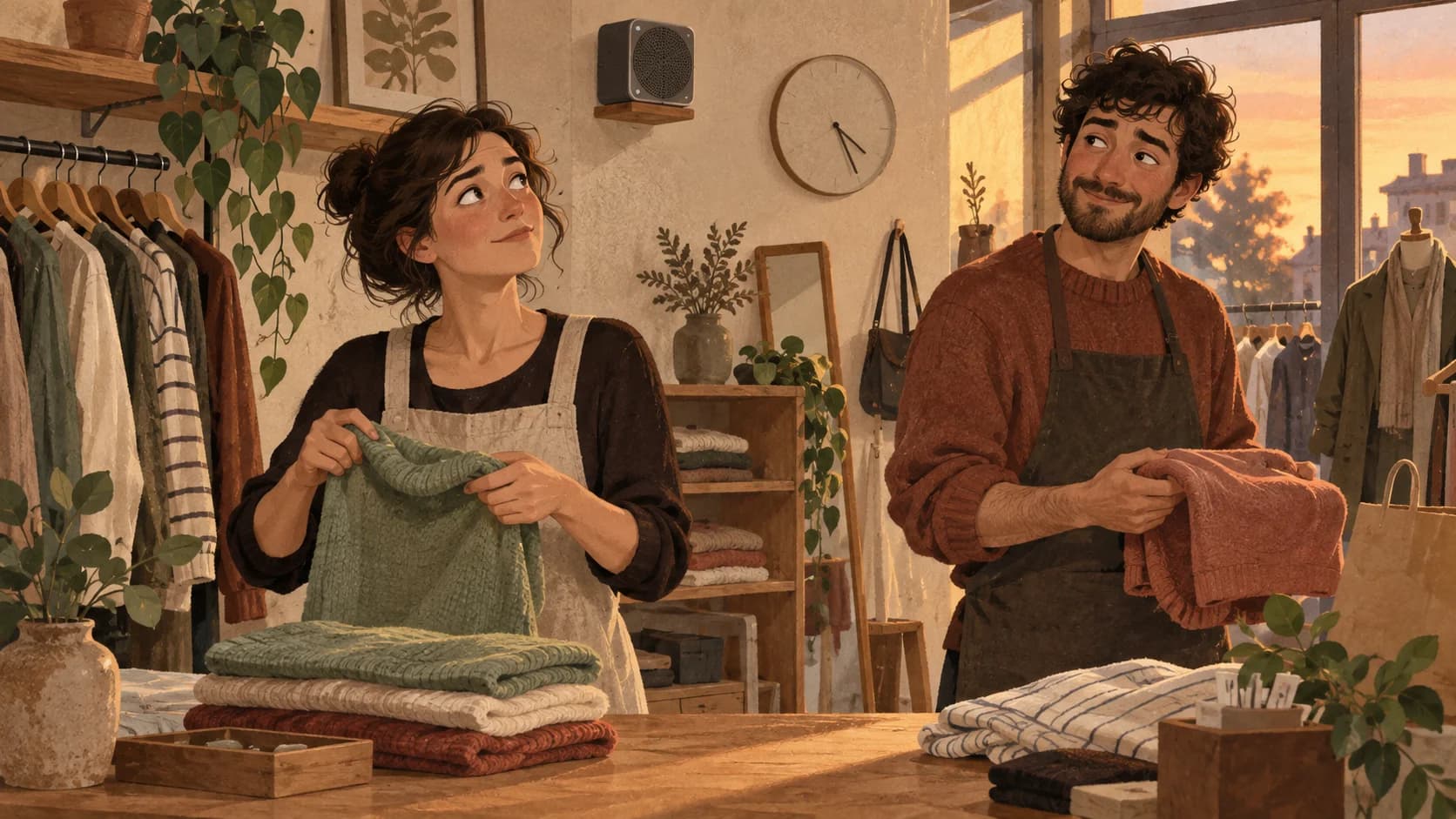 Illustration of two clothing-shop assistants holding folded jumpers and glancing towards a wall speaker in late-afternoon light.