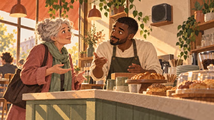 Illustration: a cafe owner listens while a customer and staff member try to converse across the counter beneath a wall speaker.