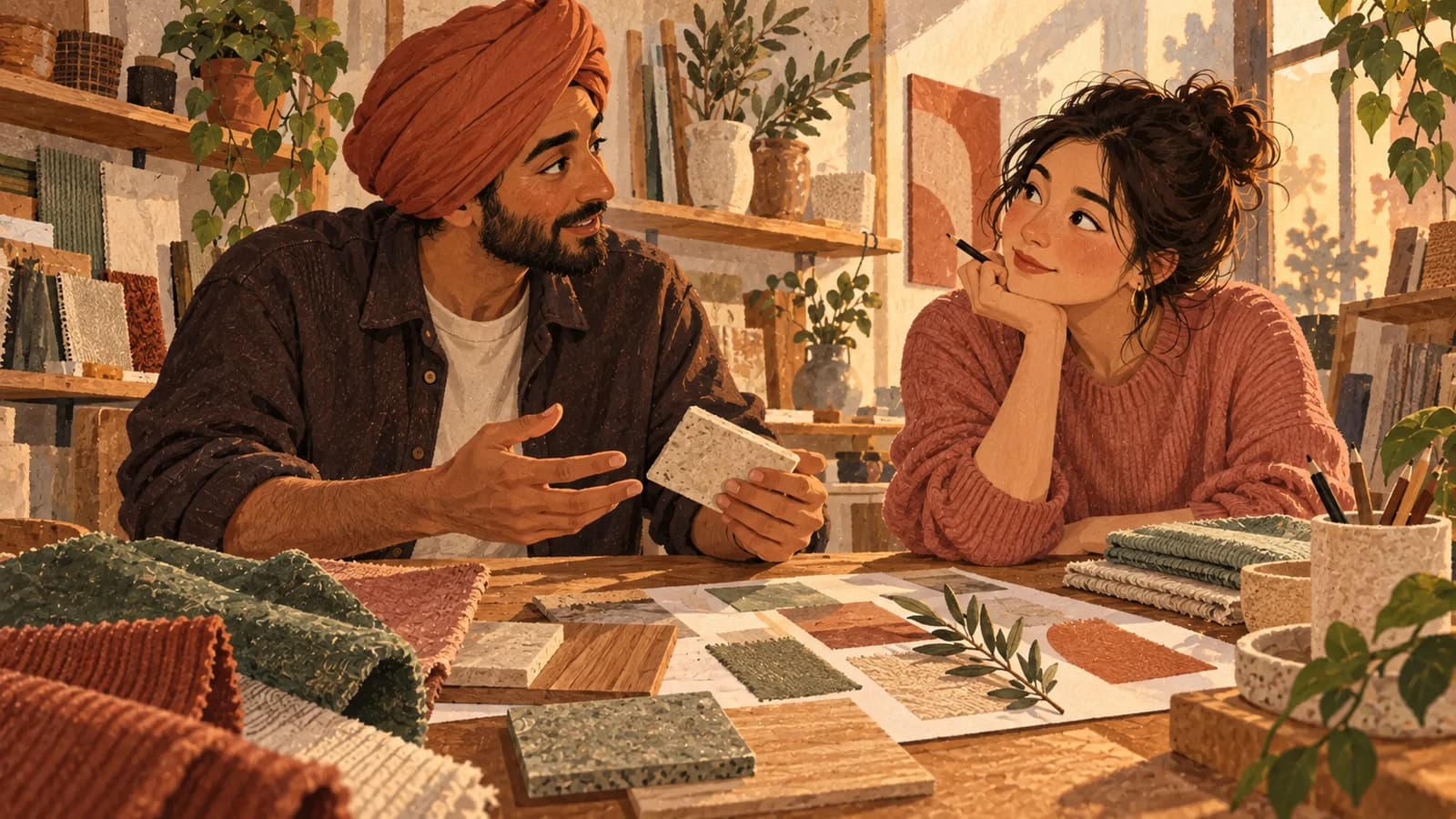 Illustration: a shop owner and colleague discuss a short blank music brief at a wooden table with room material samples.