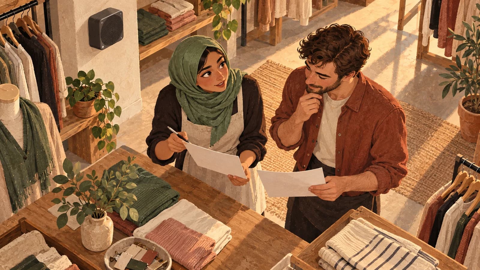 Illustration: a retail manager and colleague compare blank supplier notes beside a wall speaker in a fashion store.