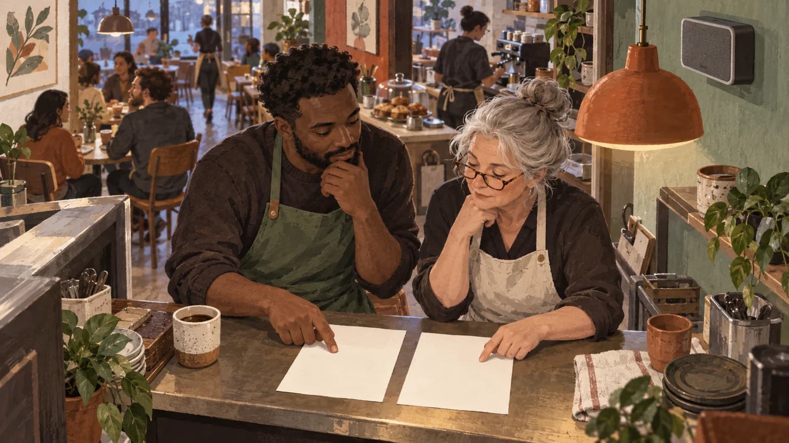 Illustration of a cafe owner and shift supervisor comparing blank supplier briefs beside a wall speaker.