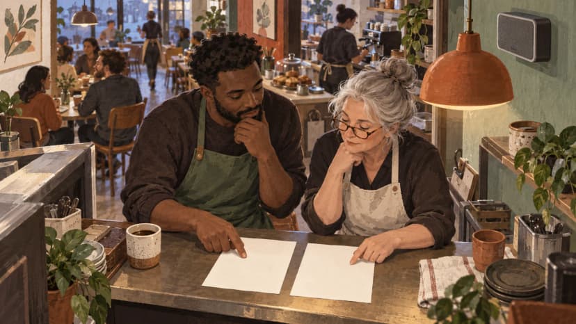 Illustration of a cafe owner and shift supervisor comparing blank supplier briefs beside a wall speaker.