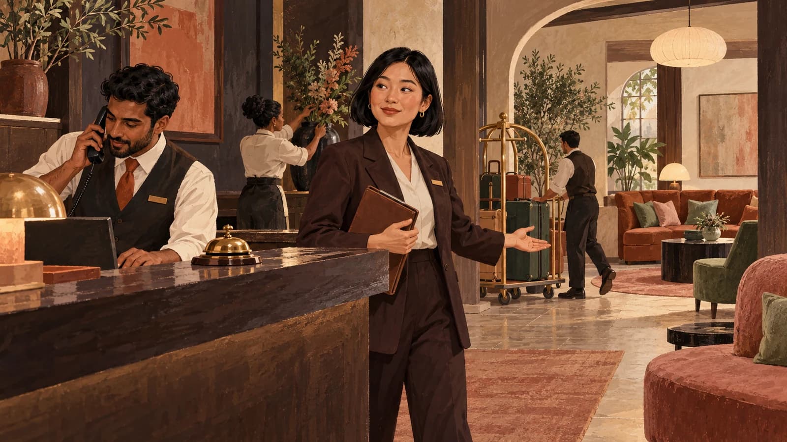 Illustration: a hotel manager stands between a welcoming reception area and quieter lounge while colleagues check both rooms.