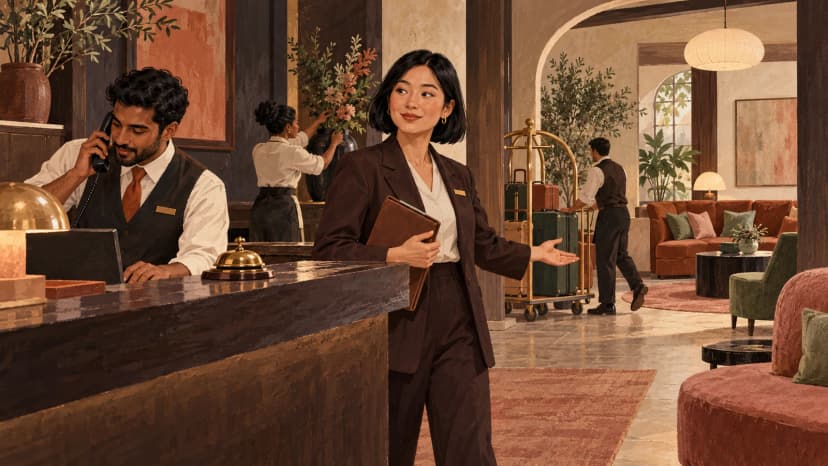 Illustration: a hotel manager stands between a welcoming reception area and quieter lounge while colleagues check both rooms.