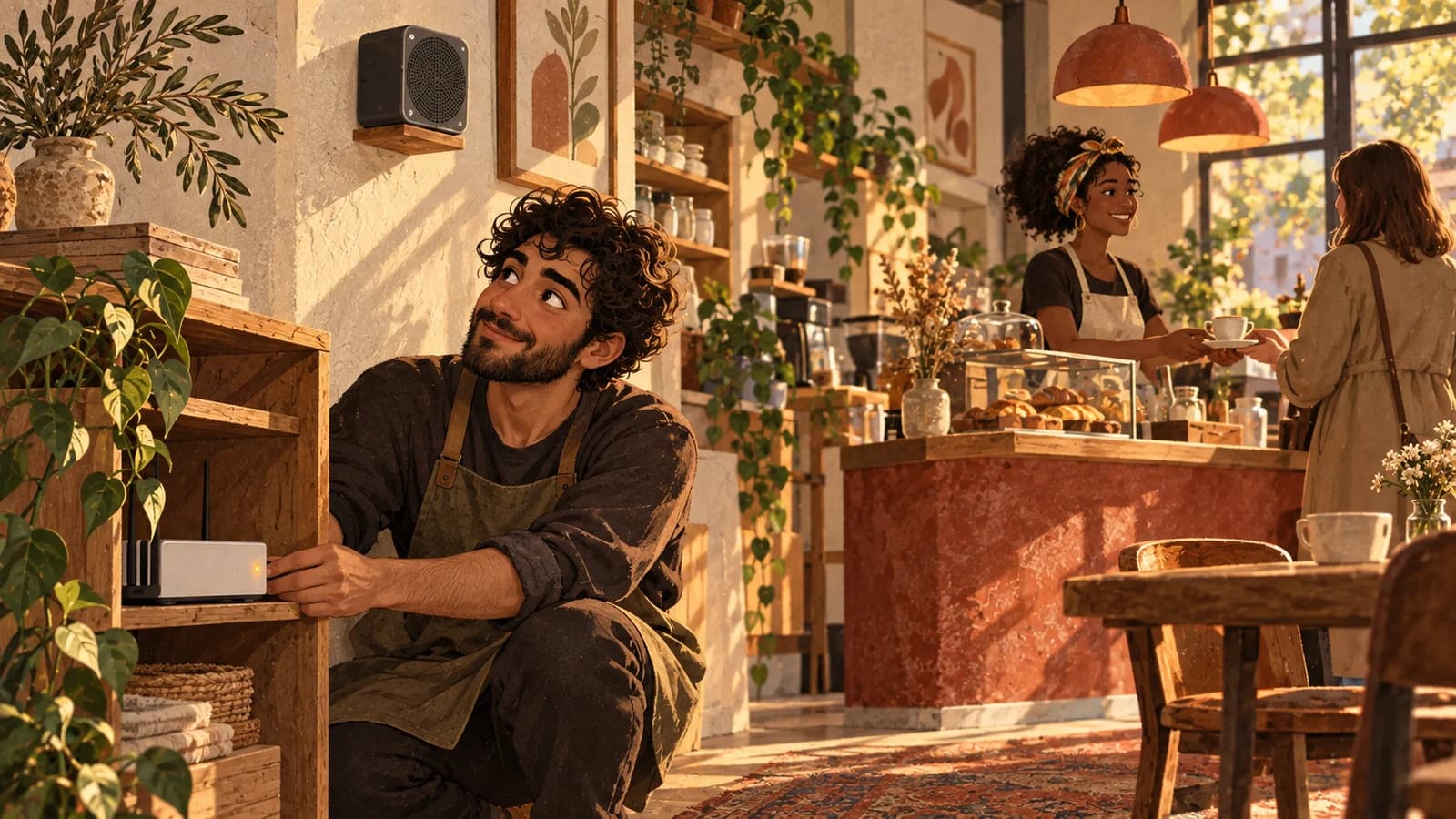 Illustration of a cafe owner checking a plain router while a colleague continues serving at the counter.
