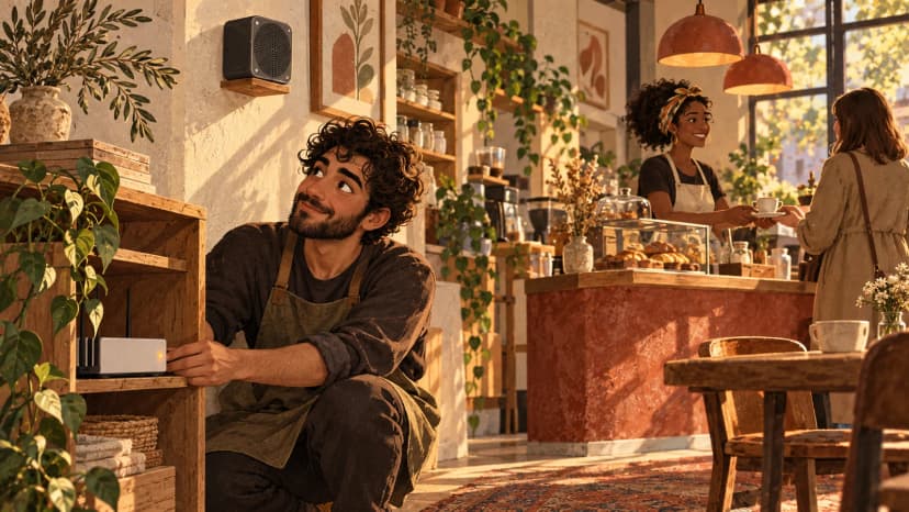 Illustration of a cafe owner checking a plain router while a colleague continues serving at the counter.