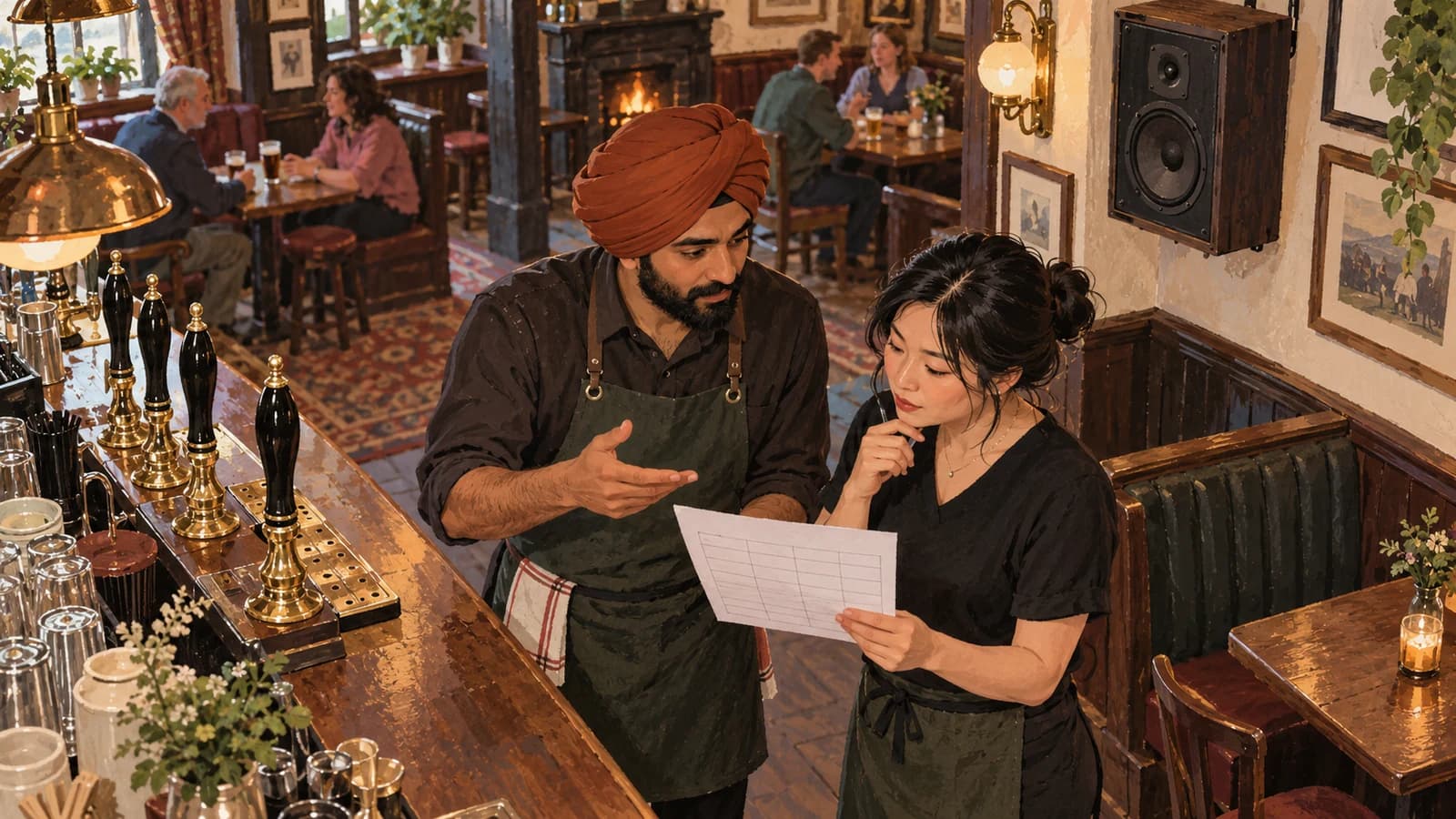 Illustration: a pub duty manager discusses a blank programme sheet with a colleague beside the bar and a wall speaker.