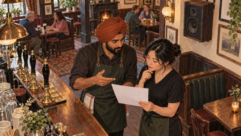 Illustration: a pub duty manager discusses a blank programme sheet with a colleague beside the bar and a wall speaker.