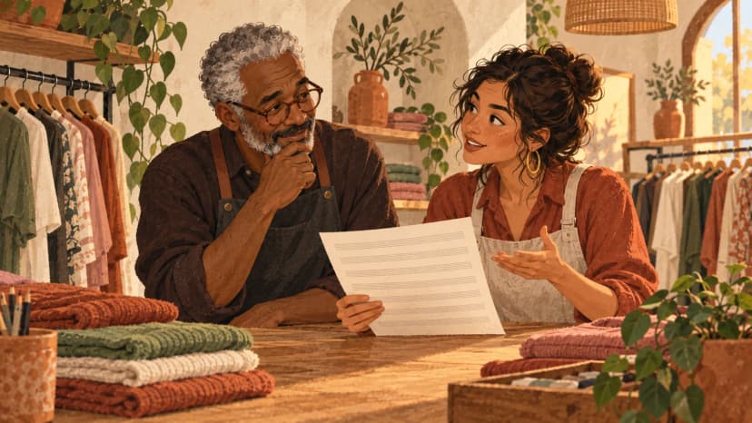 Illustration: a Spanish shopkeeper and colleague discuss a blank music-use sheet at a clothing-store counter.