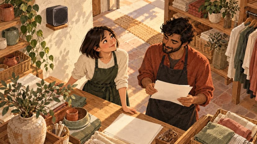 Illustration: an Italian retailer listens to a small wall speaker while a colleague reviews a blank paper supplier offer.