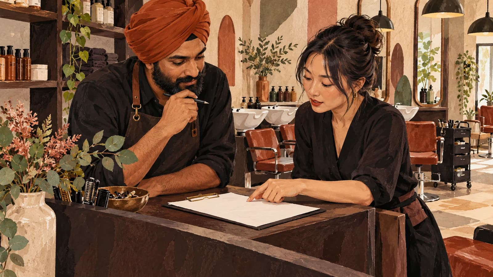Illustration: a German hair salon owner and stylist review a blank music-use form at reception.