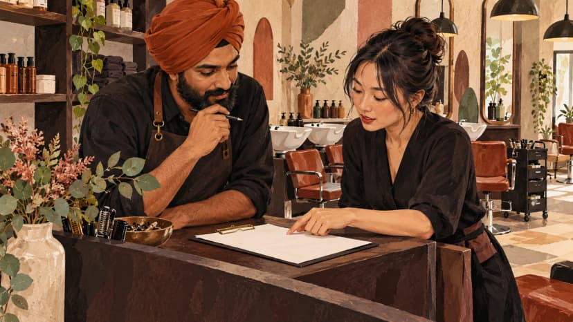 Illustration: a German hair salon owner and stylist review a blank music-use form at reception.