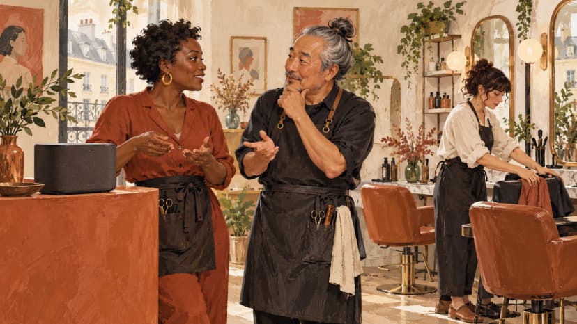 Illustration: a French salon proprietor and colleague discuss music near a reception speaker while another stylist prepares a station.