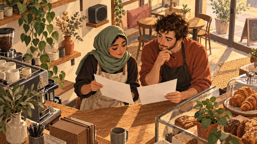 Illustration: a cafe owner and colleague compare two blank supplier papers beside a speaker before opening.