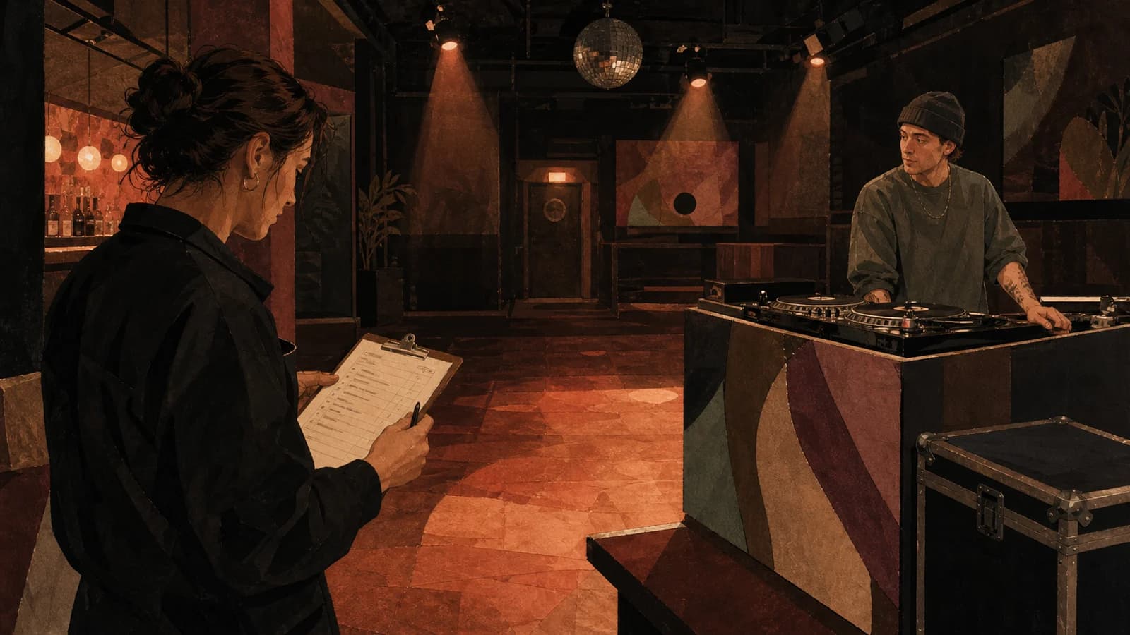 A nightclub manager checks a clipboard at an empty dance floor while a DJ waits beside silent equipment before doors open