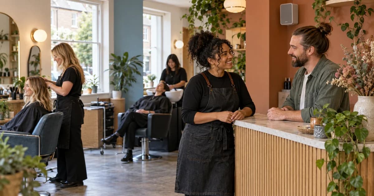 A salon owner and a stylist talk at reception while clients receive hair appointments beneath a discreet music speaker